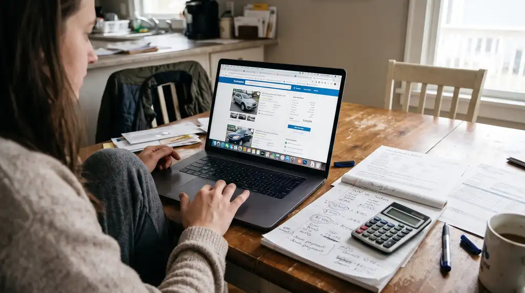 Driver comparing used car listings to check a total loss offer