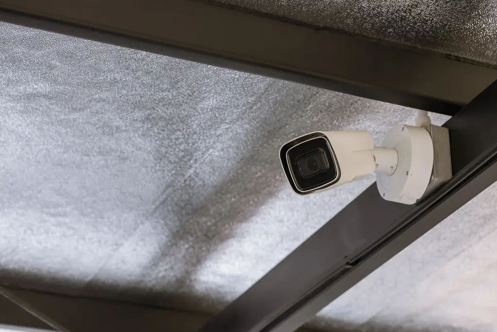 Parking garage level with overhead lights and a ceiling camera